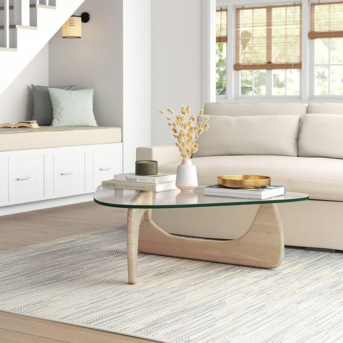 Triangle Glass Coffee Table, Mid-Century Modern Coffee Table, Solid Wood Base and Triangle Clear Glass Top Modern Table for Living Room, Office, Patio