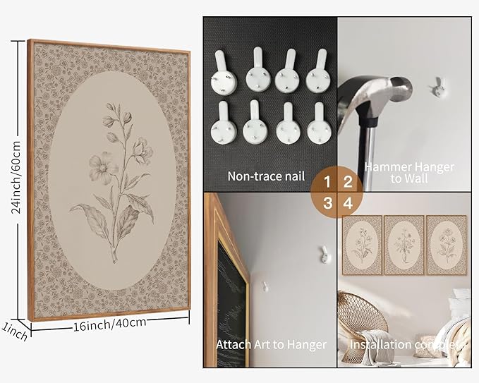 Rantodecor Vintage Flower Framed Canvas Wall Art Triptych, Rustic Floral Wall Decor, Retro Sketch Botanical Art Paintings, Antique French Cottage Artwork for Girls Bedroom Living Room Bathroom 16"x24"