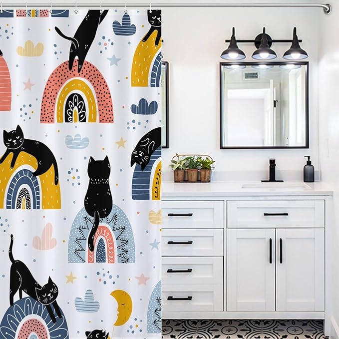 Boho Cats Shower Curtain Colorful Rainbow Black Cats Fantasy Pattern Duty Fabric Shower Curtains Set Bathroom Polyester Waterproof with 12 Hooks, 55x72Inch（140x183cm）