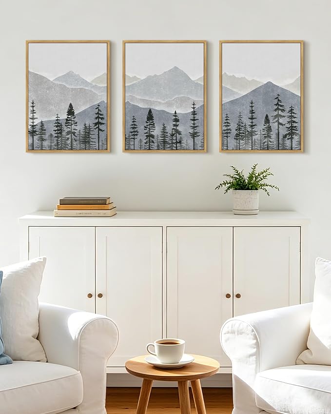 KUVIOKE Mountain Landscape Framed Wall Art Watercolor Nature Forest Painting Boho Farmhouse Rustic Room Decor for Bedroom Dining Room 12x16in (Natural Framed)