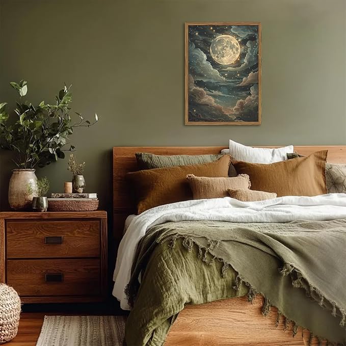 Dark Mystical Moon Wall Art Vintage Cottagecore Celestial Wall Decor Picture Moody Night Cloud Sky and Star Poster Canvas prints for Living Room Bedroom 16x24 inch Wood Framed