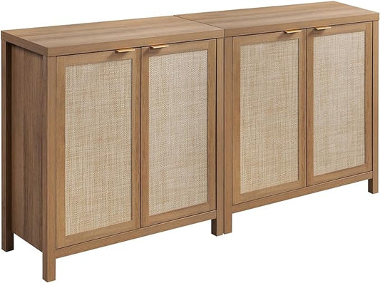 SICOTAS Sideboard Buffet Cabinet with Large Storage : Boho Rattan Credenza Coffee Bar Storage Cabinet with Adjustable Shelves, Farmhouse Console Cabinets for Kitchen, Living Room, Entryway, Oak, 2 PCS