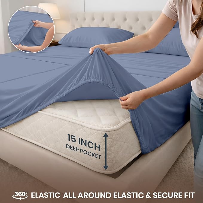 SGI Split King Sheet Set for Adjustable Bed Egyptian Premium Cotton 600 Thread Count Sheet for Sleep Number Bed 15" Deep Pocket 5 Pc Set with 2 Twin XL Fitted Sheets Soft Breathable Mediterranean Blue