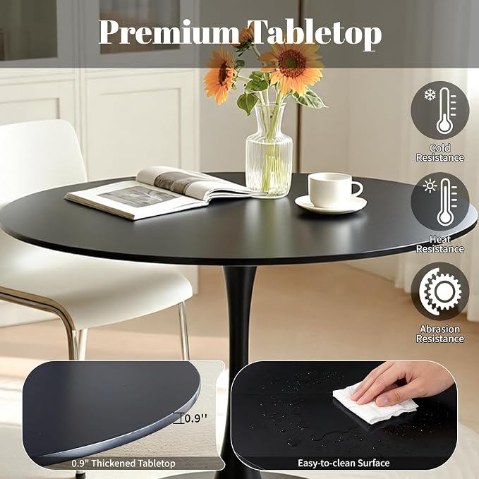 31.5" Tulip Table Round Dining Room Table, Mid-Century Modern Small Kitchen Table for 2-4 Persons, Leisure Coffee Table for Living Room Balcony Bistro Office (Black, 31.5")