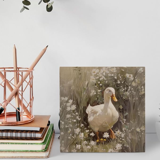 Rustic Wildflower Duck Wooden Box Sign Desk Decor, Ducks Lover Gifts, Vintage Countryside Farmhouse Duck Wood Signs for Home Office Desk Table Shelf Decorations, 5x5 Inch