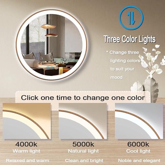 24 Inch Wood Bathroom Round LED Mirror with Lights Wood Frame Round Lighted Mirror for Bathroom Wall Round Vanity Lighted Mirrors 3 Color Dimmable Anti Fog Bathroom Circle Smart Light up Mirror