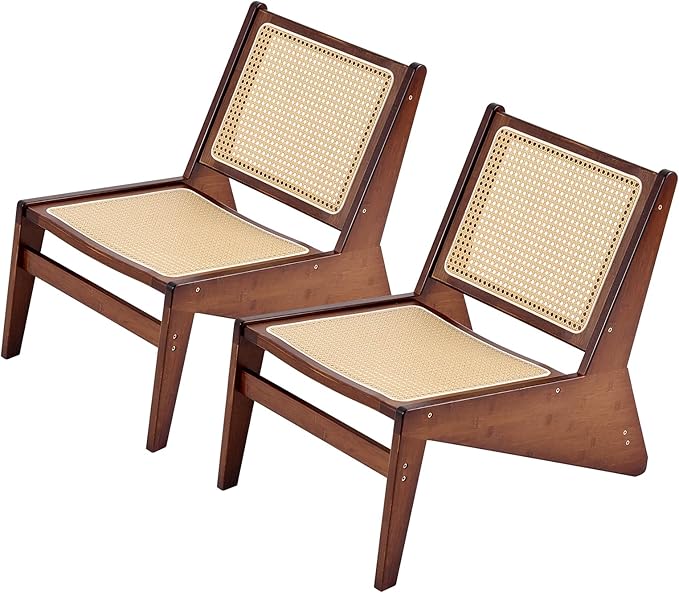 Welnow 2-Pcs Mid Century Rattan Accent Chair, Bamboo Wood Lounge Chair with Woven Cane Backrest, Low Armchair for Living Room, Bedroom, Balcony or Reading Corner, Walnut