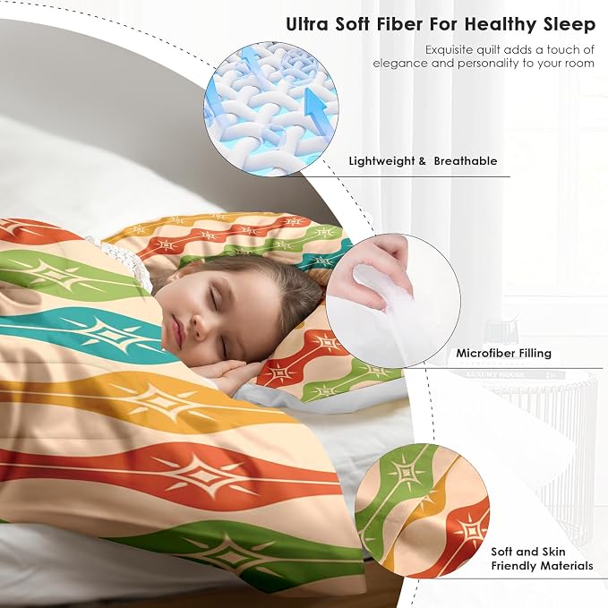 Pamnest Comforter Set Full Size, Mid Century Atomic Colorful Soft Bedding for Kids and Adults, Green Teal Orange Comforter Set with 2 Pillowcases for Bedroom Bed Decor
