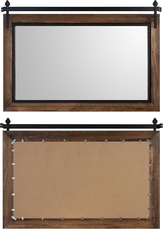 YOSHOOT Farmhouse Barn Door Mirror, 40"x26" Rustic Bathroom Mirrors, Wood Frame Wall Mounted-Mirror, for Living Room Bedroom Entryway Wall Décor, Horizontal Hanging ONLY