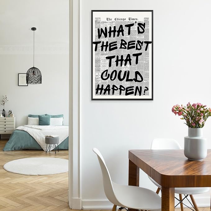 Retro Black And White Newspaper Poster Whats The Best That Could Happen Canvas Wall Art Positive Affirming Quote Minimalist Prints Painting For Home Bedroom Dorm Wall Decor 12x16in Unframed