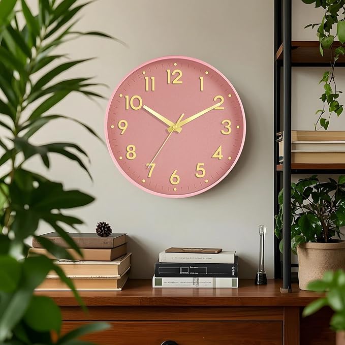 Mosewa Wall Clock 10 Inch, Battery Operated Silent Non-Ticking Modern Analog Clock Decorative for Kitchen, Bedroom, Office, Living Room(Pink Gold)