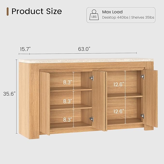 Buffet Cabinet with Storage, 63" Sideboard Buffet Accent Cabinet with Faux Marble Top & 4 Doors, Modern Buffet Table Credenza Cabinets for Living Room, Dining Room, Kitchen（Natural Oak）