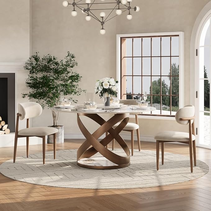 POVISON 51" Modern Round Dining Table with Lazy Susan, White Round Kitchen Table for 4, Sintered Stone Dining Room Table top with Bronze X Carbon Steel Base (Dining Table Only)