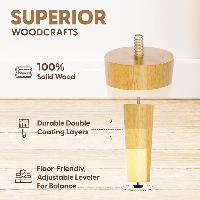 Yes4All 6 Inches Round Natural Solid Wood Furniture Legs Set of 4, Heavy Duty 800 Lbs Capacity Furniture Legs with Leveler, Replacement Legs for Furniture, Couch, Sofa, Dresser, Ottoman