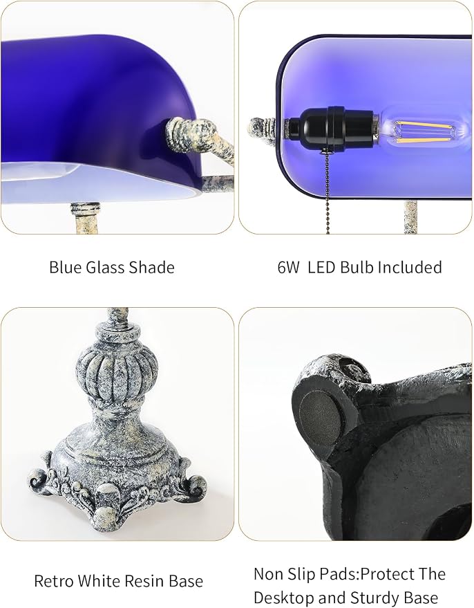 Retro Blue Glass Bankers Desk Lamp for Home Office,Library with Pull Chain Switch Plug in Fixture, LED Bulb Included