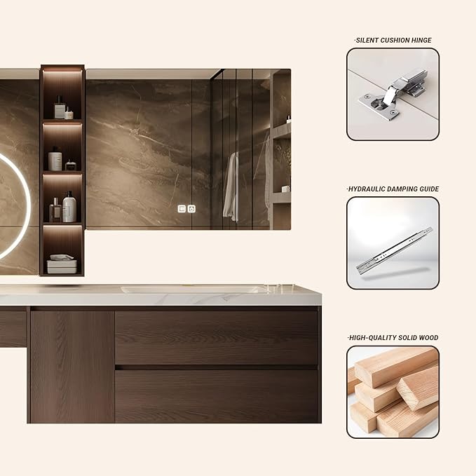 Floating Bathroom Vanity with Makeup Table, Single Sink Bathroom Vanity Includes LED Smart Defog Mirror with Open Shelf and Side Storage Cabinet, Wall-Mount Vanities with Drawers (Walnut B,60")