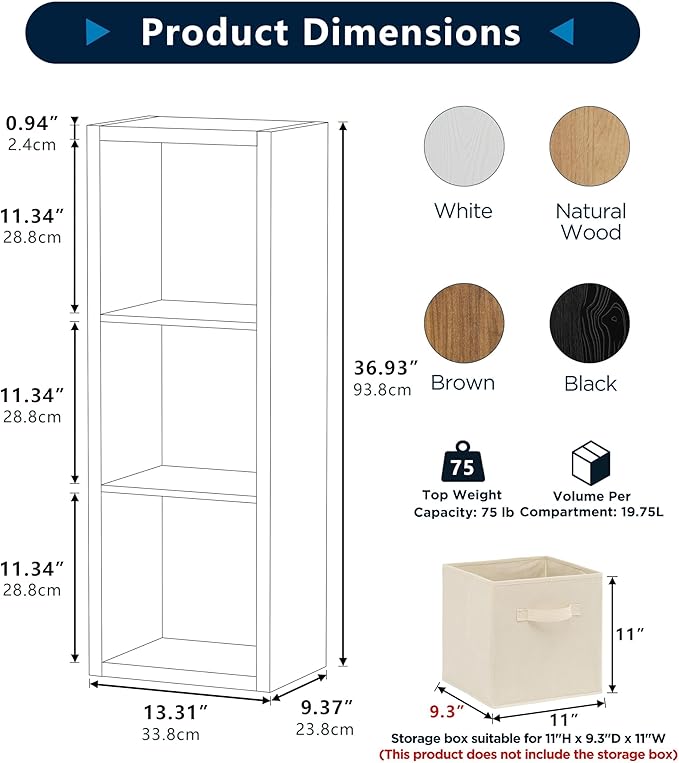 3 Cube Storage Organizer Single Row, Cube Shelf with Heavy-Duty Thick Boards, 13.31" L x 9.37" W x 36.93" H, Smooth Easy-Clean Panels, Simple Assembly, for Living Room Bedroom Office, Black