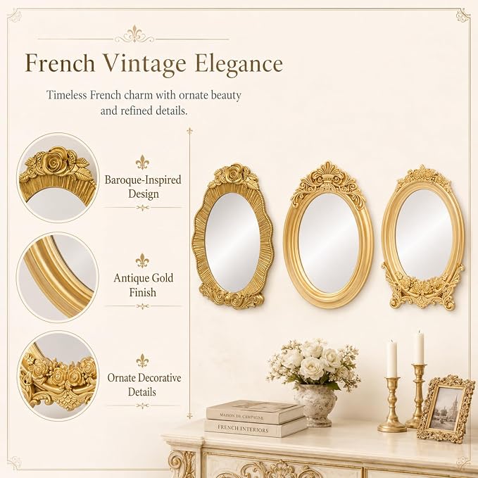 Mifoci Vintage French Wall Mirror Set of 3 Antique Decorative Gallery Wall Mirror Gold Hanging Antique Art Decor Ornate Baroque Style for Living Room Bedroom Home Decor (Oval)