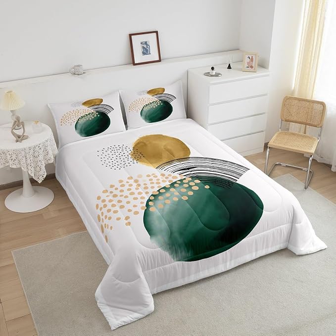 Erosebridal Abstract Artwork Comforter Twin Geometric Circle Bedding Set, Aesthetic Minimalist Down Comforter Blackish Green Turqoise Bed Set, Beige White Quilted Duvet Cozy Soft 2pcs