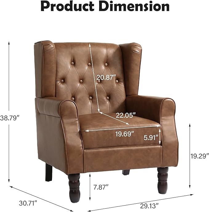 Mid-Century Modern Wingback Accent Chair - Luxe PU Faux Leather Upholstery with Solid Wood Legs, Ergonomic High Back Design - Water Resistant Living Room, Bedroom & Home Office Chair (Brown)