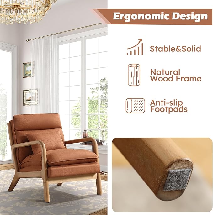 Mid Century Modern Accent Chair Set of 2, Upholstered Lounge Armchair with Plump Back Pillow, Comfy Reading Chair with Solid Wood Frame for Bedroom Living Room, Brown