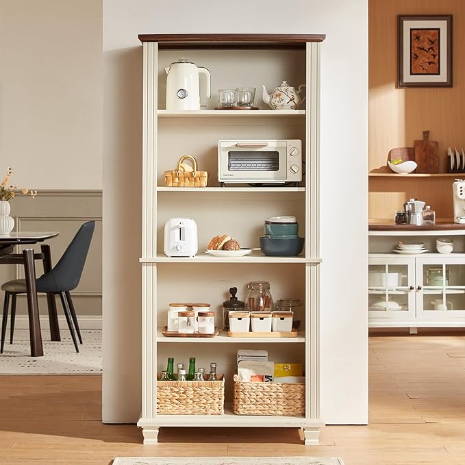 SAVOR LIFE 70" Tall White Bookshelf,5 Tier Wood Book Shelf with Adjustable Shelves & Wood Legs,Free Standing Farmhouse Bookcase with Open Display Storage,Vintage Kids Bookshelves for Nursery,Bedroom