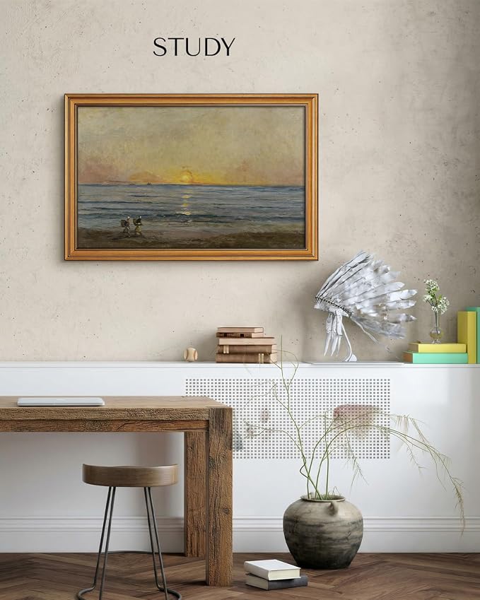 HUARCEY Gold Framed Vintage Wall Art for Living Room, Landscape Painting Prints Shelf Decor for Kitchen, Aesthetic Bedroom Wall Art, Best Gifts for Friends or Family - Ocean Sunrise 24L x 16W