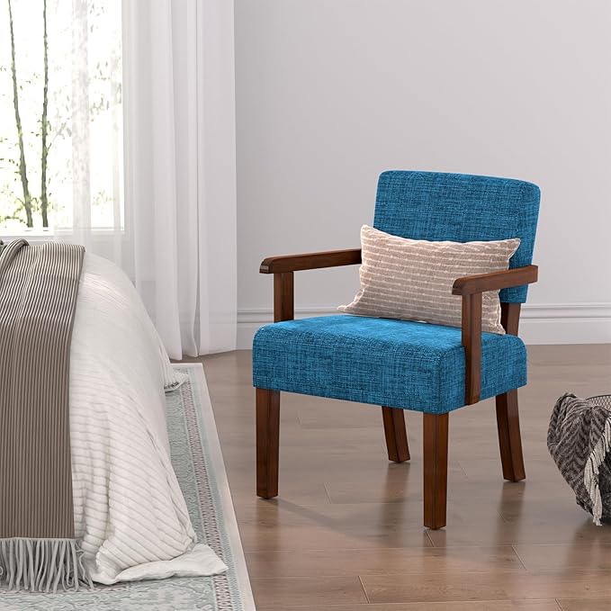 Accent Chair,Armchairs with Solid Wood Frame and Legs,Upholstered Reading Leisure Chair for Bedroom,Office,Waiting Room (Linen, Blue, One Chair)