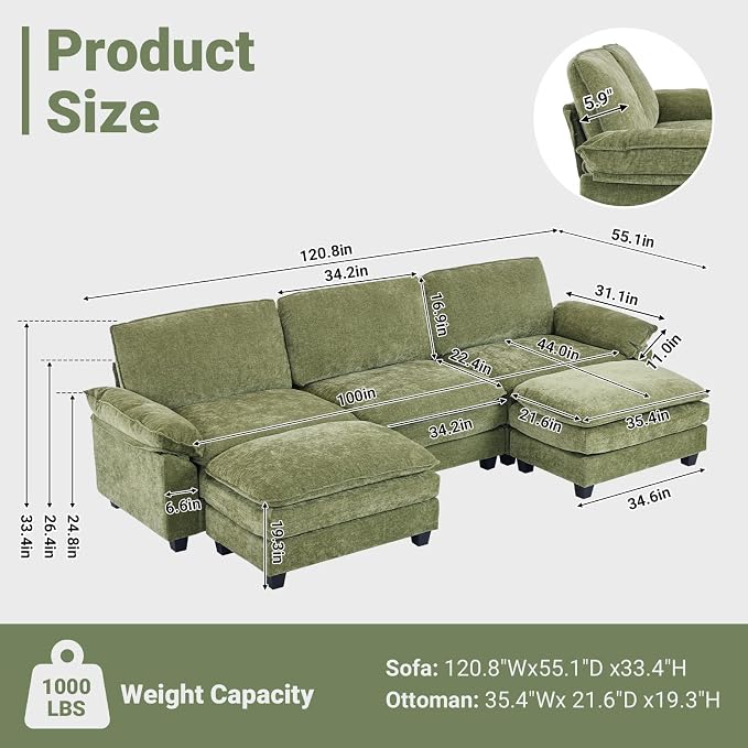 VINGLI 122" Cloud Olive Green Convertible Sectional Sofa, Comfy U-Shape Extra Deep Seat Sofa Couch for Living Room,Modern Chenille 3-Seat Convertible Sofa with 2 Movable Ottomans for Small Space