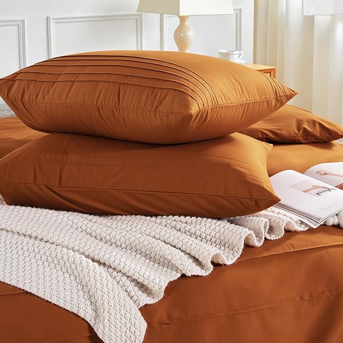 NEXHOME PRO 100% Organic Cotton Duvet Cover Set Twin Size Linen Pleated Design,Terracotta Burnt Orange, 2PC Bedding Set with Zipper Closure, Soft, Lightweight and Breathable (68"x90", No Comforter)