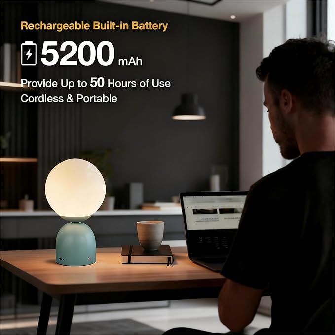 Cordless Globe Glass Table lamp (Light Green), 5200-mAh Rechargeable, 3-Level Brightness Dimmable, Integrated LED 320 Lumen Max, for Bedside Nightstand Light