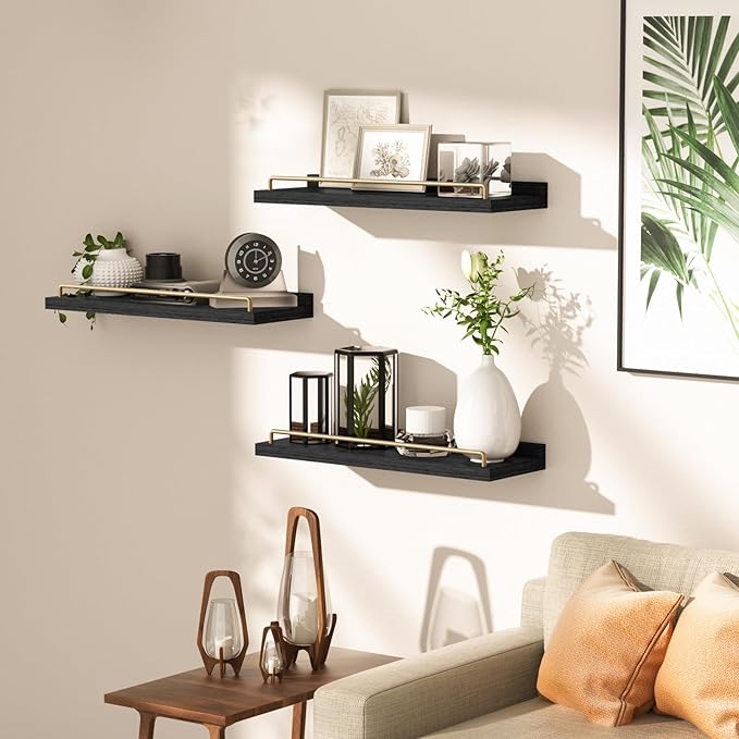 Floating Shelves for Wall Decor, Black and Gold Shelves for Bathroom, Living Room, Bedroom, Picture Frames, Plants, Kitchen (Set of 3)