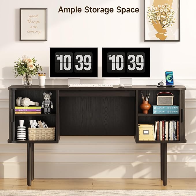 ONBRILL 55 Inch Fluted Computer Desk with Charging Station, Mid Century Executive Desk with 2 Storage Cabinets, Modern Home Office Large Desk with Metal Legs for Working, Studying, Writing, Black
