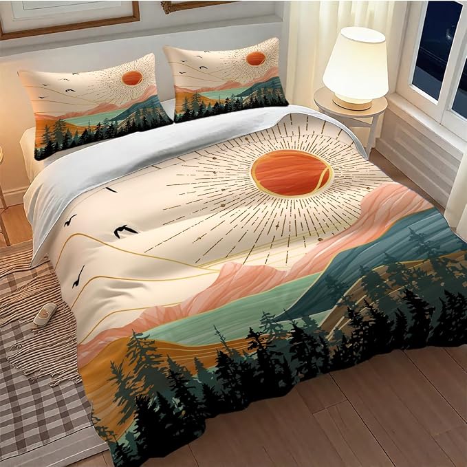 Boho Sun Bedding Set,Modern Minimalist Abstract Mountain Nature Leaves Sunrise Comforter Set with Pillowcase for Bedroom Bed Decor,Full 79"x90"