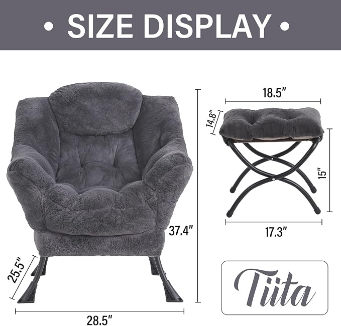 Tiita Lazy Chair with Ottoman, Modern Large Accent Lounge Chair, Leisure Sofa Armchair with Ottoman, Reading Chair with Footrest for Bedroom, Living Room, Dorm Rooms, Garden, Plush-dark Grey