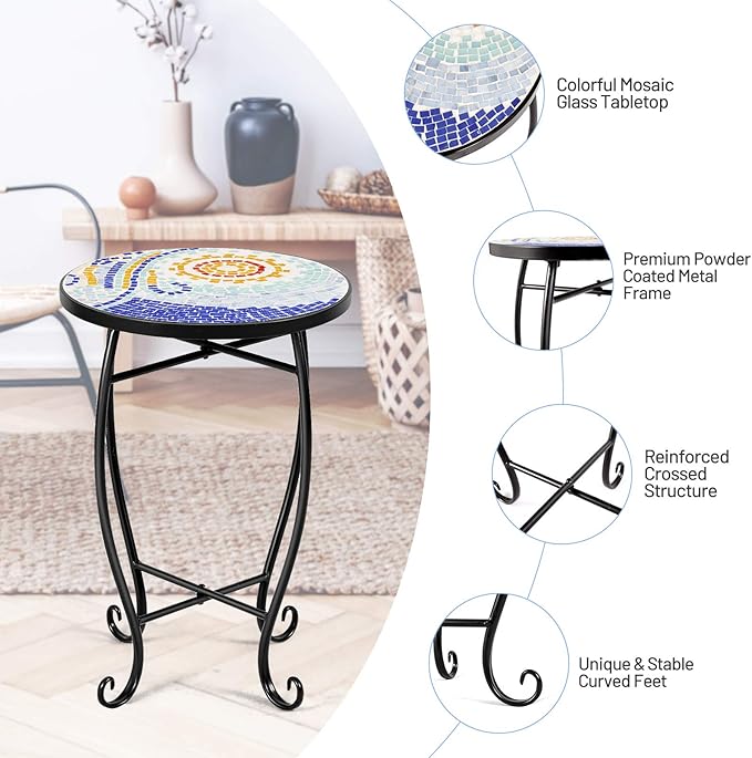 Giantex Outdoor Side Table, Mosaic Patio Table, 14inch Accent Table Plant Stand Indoor, Ceramic Tile Top Metal Frame, Small End Table Porch Beach Patio Garden Balcony Poolside