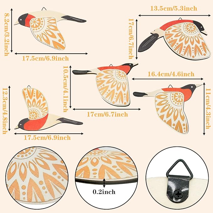 EMINGSKY 5 Pcs Wooden Bird Wall Art Wood Flying Birds Wall Decor Boho Rustic Folk Art Home Decor for Gift Living Room Bedroom Kitchen Office (Orange)