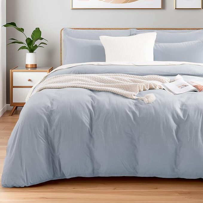 NEXHOME PRO Twin Duvet Cover Set, 100% Washed Cotton with Linen-Like Texture, Natural Organic, Breathable & Comfortable, Includes Home Bedding Set Cornflower Blue (No Comforter) 6890