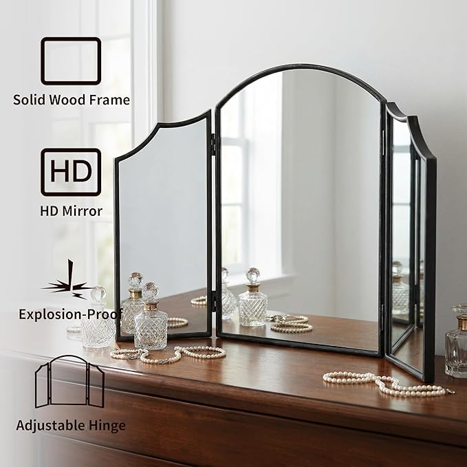Besdomus Black Scalloped Dresser Mirror: 36"x24" Large Modern 3 Way Trifold Vanity Miror - Minimalist Wood Frame Three Sided for Bedroom/Cloakroom/Dressing Room - Home Decor for Housewife