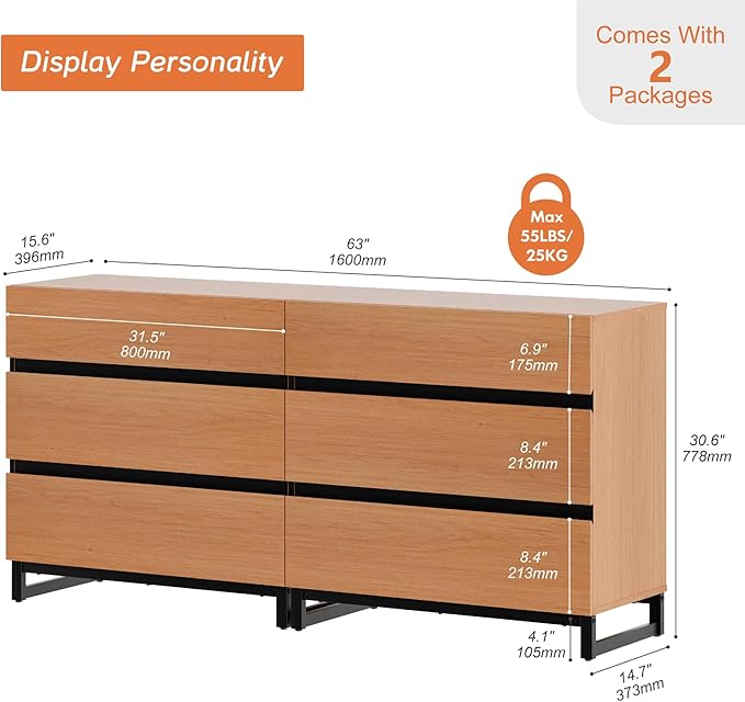 WAMPAT Dresser for Bedroom, Closet Organizers and Storage with 6 Drawers, Chest of Drawers with Metal Base, Modern Wood Dresser for Living Room, Bedroom, Mocha