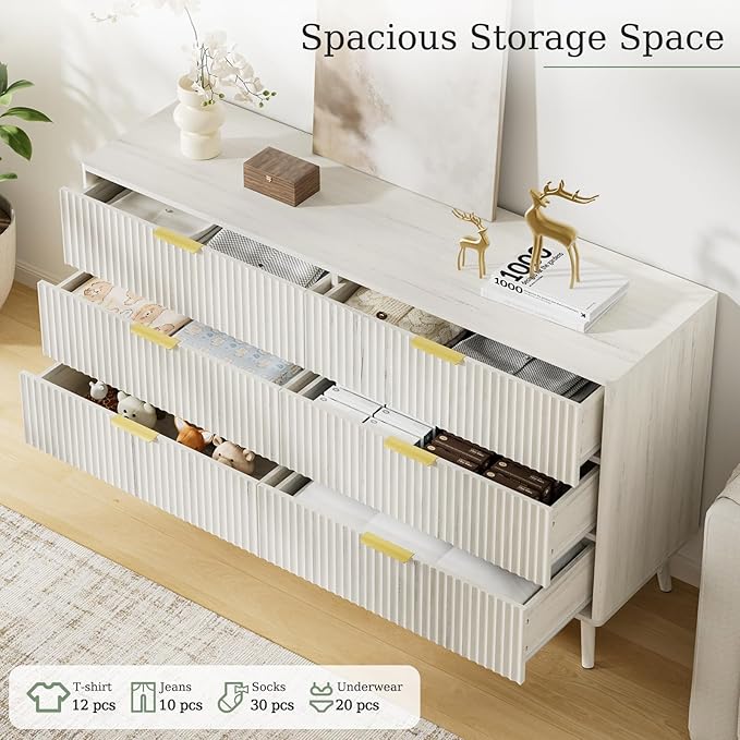 LYNSOM 55" Wide Fluted Dresser for Bedroom with 6 Drawer, Modern Chest of Drawers with Curved Profile Design and Metal Handles, Wood Dresser TV Stand & Storage Organizer for Living Room, White