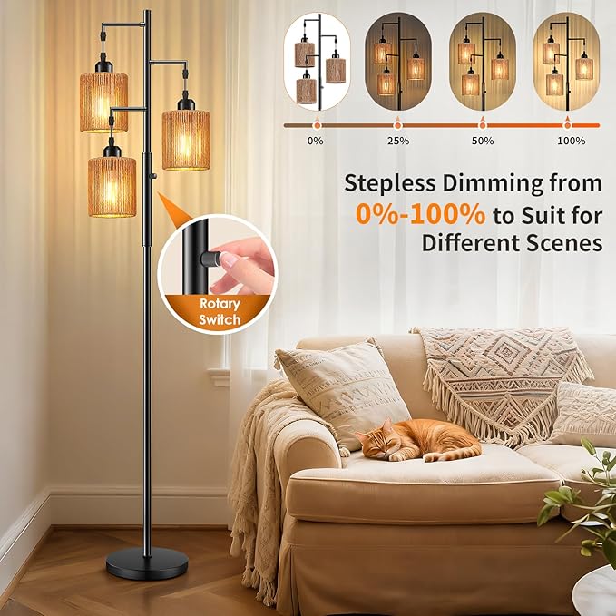 Hotsonic 72" Tall Boho Rattan Style Floor Lamp with Hand-Woven Paper Cord Shade, Dimmable Industrial Tree Standing Lamp for Living Room, Bedroom, Study Room, Office (3 x 800LM Bulbs Included) - Black