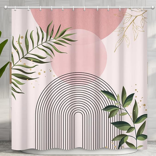 Boho Mid Century Shower Curtain, Pink Modern Minimalist Abstract Geometric Green Gold Plant Leaves Sun Arch Bathroom Curtains Waterproof Fabric Buthtub Curtain Set with Hooks 48" Wx72 L