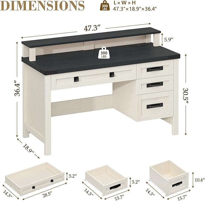 YOMILUVE Farmhouse Computer Desk with Drawers, 47" Small Computer Desk with Power Outlets, Home Office Desk with Monitor Stand & 4 Drawers, Writing Study Table, Black & White