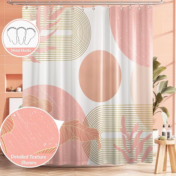 Coral Shower Curtain White and Peach Color Shower Curtains for Bathroom Decor Abstract MCM Girls Bath Curtain Set, Waterproof Fabric with Hooks 70 x 84 Inch
