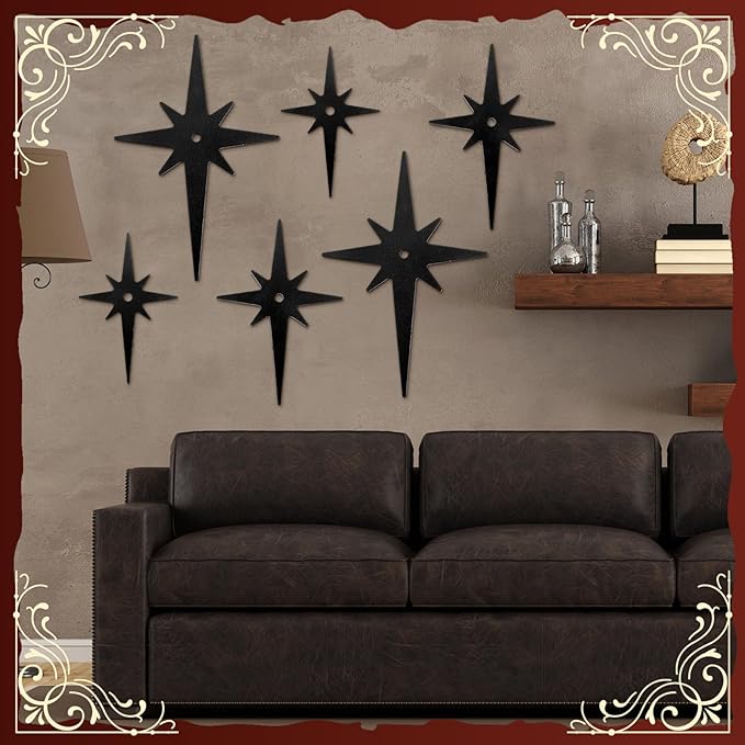 Yalikop 6 Pcs Mid Century Modern Starburst Wall Art Decor 8 Pointed Hangings Wooden Stars Whimsigoth Modern Retro Midcentury Wall Art for Home Bedroom Bathroom Office(Black)