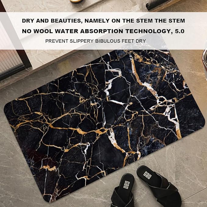 Bath Mat Rug,Black marble with yellow and white Non Slip Quick Dry Super Absorbent Thin Bathroom Rugs Fit Under Door-Easy to clean Bathroom Floor Mats-Shower Rug for Shower Sink Bathtub(20" x 31"In)