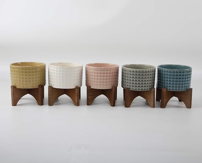 Flora Bunda Mid Century 7 inch Gladiator Texture Ceramic Wood Stand, Matte White