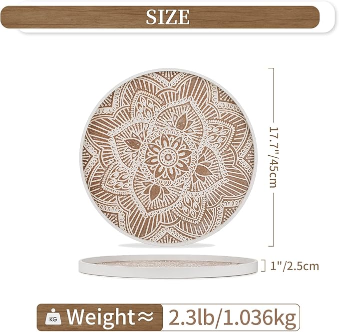 Hanobe Large Round Decorative Tray: Boho Coffee Table Trays Centerpiece for Home Decor - Farmhouse White Washed Rustic Serving for Women Kitchen Counter Ottoman