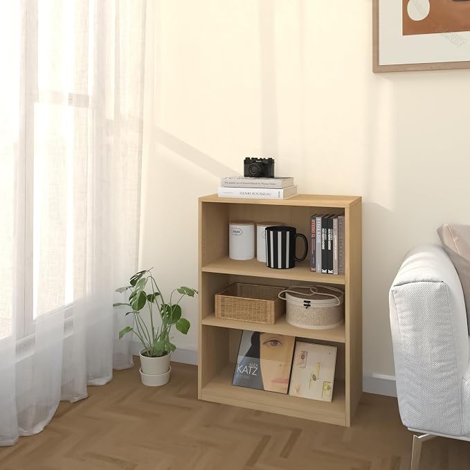 CTESNE【2026 Adjustable Shelves 3-Tier Bookcase, 71 inches, Wooden Open Display Floor Bookshelf (Oak Color)